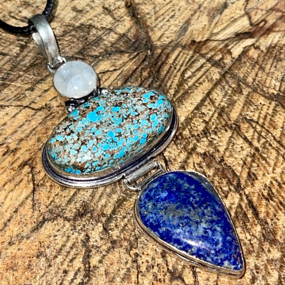 Crystal Pairing of Large Turquoise, Lapis Lazuli & Moonstone Pendant 3 1/4” - Picture 5 of 12
